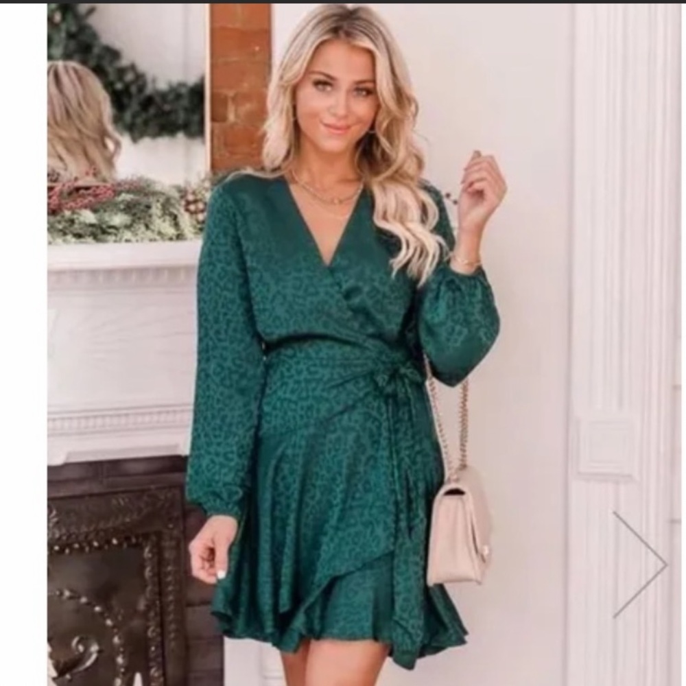 Pink Lily Green Cheetah Wrap Dress